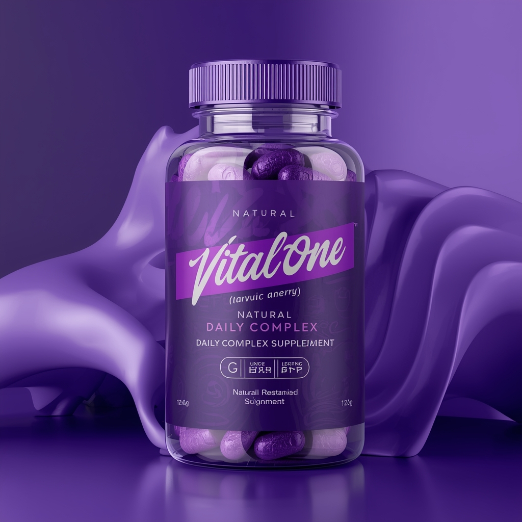 Stylized VitalOne supplement bottle with gradient label